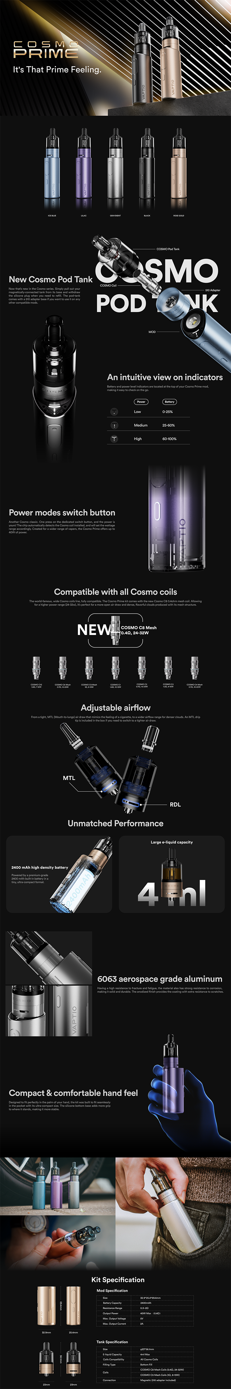 VAPTIO Cosmo Prime 40w 三段調壓輸出 注油主機套裝